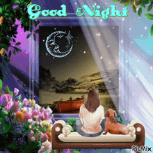 a picture of a woman sitting on a couch with a dog and the words " good night "