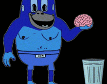 a blue cartoon character holding a brain and a trash can