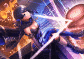 a woman in a blue dress is holding a sword in front of a sign that says ' a ' on it