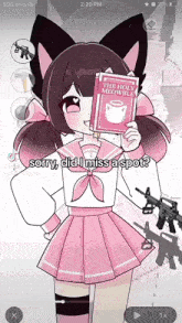 a girl in a school uniform is holding a book titled the holy meowble