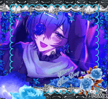 a picture of a girl with blue hair and a blue flower in her eye