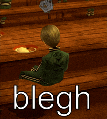 a boy in a green jacket sits on a wooden bench with the word blegh written on it