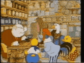 a group of cartoon characters are standing around a table in a shop