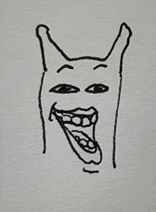 a black and white drawing of a devil 's face with its tongue hanging out .