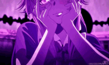 a purple anime character is covering her face with her hands