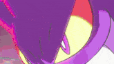 a close up of a purple and yellow cartoon character 's face with a mouth open .