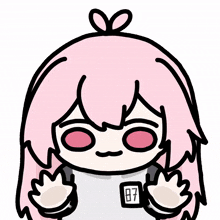 a cartoon girl with pink hair blowing bubblegum