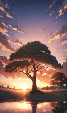 a painting of a tree with the sun shining through the clouds