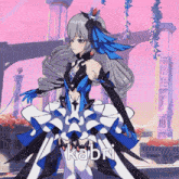 a girl in a blue and white dress with the name kabri written on the bottom
