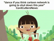a cartoon girl is standing in a forest holding a pumpkin and a tree .