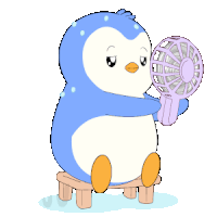 a penguin is sitting on a stool holding a small fan