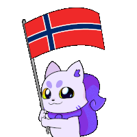 a cartoon cat holding a norwegian flag with the letter b on its back