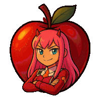 a girl with horns is standing in front of a large apple