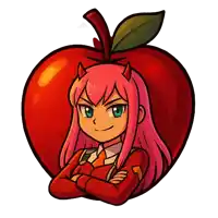 a girl with horns is standing in front of a large apple