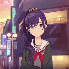 a girl with purple hair is wearing a school uniform and a red bow
