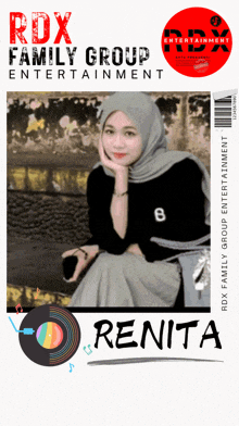 a poster for rox family group entertainment shows a woman sitting on stairs