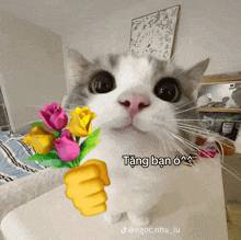 a cat is holding a bouquet of flowers and says tặng bạn o ^^