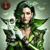 a woman with green hair holds a joker card