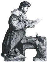 a black and white drawing of a man sitting at a desk reading a piece of paper