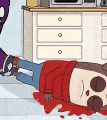 a cartoon of a person laying on the floor with blood coming out of their mouth .