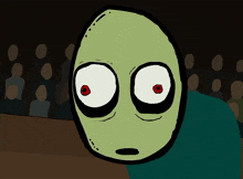 a cartoon of a green face with red eyes and a surprised look on his face
