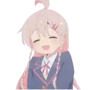 a girl with pink hair is wearing a school uniform and smiling with her eyes closed