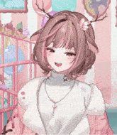 a girl with deer antlers is wearing a white sweater