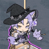 a witch with purple hair and a black hat is holding a cat