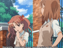 two anime girls are standing next to each other and one of them says honestly keeping onee-sama waiting like this