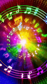a rainbow colored circle of music notes with a light coming out of the center