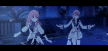 two anime girls are standing next to each other in a dark room