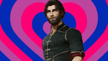 a man with a beard is standing in front of a heart