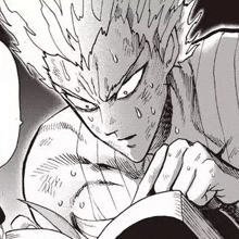 a black and white drawing of garou from one punch man holding a sword .