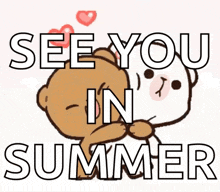 a cartoon bear is kissing another bear with the words see you in summer below it