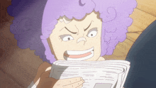 a person with purple hair is reading a newspaper