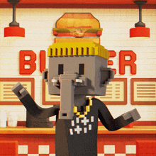 a cartoon character in front of a sign that says ' burger '