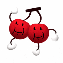 two red cherries with arms and legs and a sad face