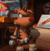 a cartoon character with a skull on his knee is sitting at a desk
