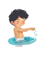 a cartoon drawing of a boy in the water with the name miradoodles below him