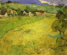 a painting of a field with a red house in the distance
