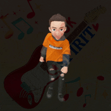 a cartoon character is standing in front of a guitar and the word spirit is on the bottom right