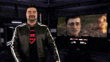 a man in a leather jacket stands in front of a screen with a picture of two men