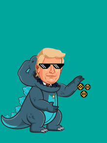a cartoon of a man dressed as a dinosaur with the word trumpzilla above him