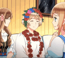 three anime girls are sitting on a couch and one has a wreath of flowers in her hair