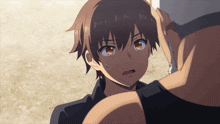 a boy with a surprised look on his face is being held by a man