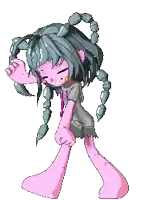 a pixel art drawing of a girl with pink feet