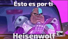 a cartoon character is driving a car with the words `` esto es por ti heisenwolf '' written on the screen .