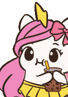 a cartoon drawing of a girl with pink hair drinking a drink with a straw
