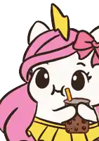 a cartoon drawing of a girl with pink hair drinking a drink with a straw
