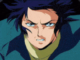 a close up of a man 's face with blue hair